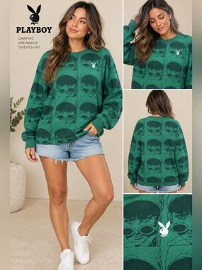 PLAYBOY Green Graphic All-Over Print Crewneck Sweater